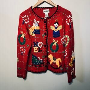 Design Originals Sweater VTG Cardigan Ugly Embroidered Beaded Christmas Party M